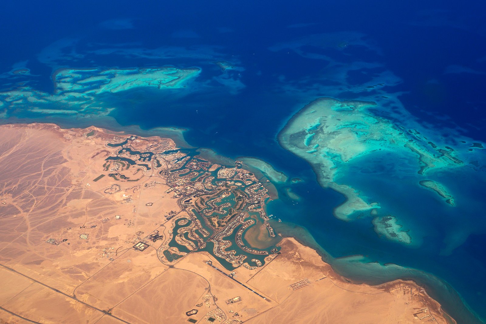 Top view shot from a beach in Egypt with coral reefs